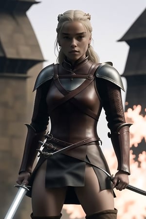 milly alcock,skinny woman,  wearing mini-skirt, sword, game of thrones, combat pose, flirtatious pose action pose, , full body, 