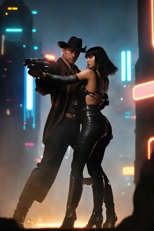 futureistic old west gunman,blade runner style, protecting a young woman, action pose, full length, 

