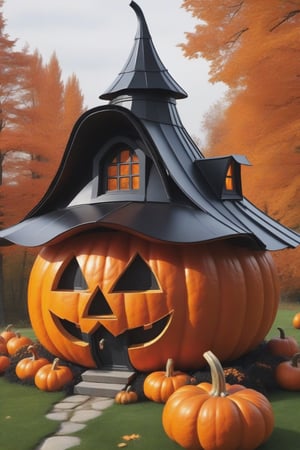 WITCH HOUSE IN THE SHAPE OF A PUMPKIN, WITH A BLACK HAT FOR A ROOF
