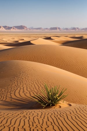 a flat desert landscape, with nothing but sand and one flower growing