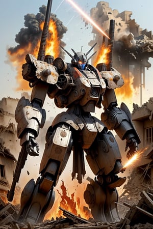 masterpiece, best quality,  Indian mecha, in front of a Indian Temple, no humans, black armor, blue eyes, science fiction, fire, laser canon beam, war, conflict, destroyed city background, 