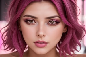 Portrait of a pretty young woman with magenta-lite pink hair, film grain, high quality, studio shoot, Nikon D850
