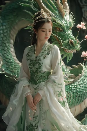 A serene scene where a woman, adorned in a traditional green and white dress, stands gracefully beside a majestic green dragon. The woman wears an ornate headpiece and holds a delicate object in her hand. The dragon, with its intricate scales and fierce yet calm expression, wraps around her, creating a protective and harmonious bond between them. The backdrop is dark, with subtle lighting highlighting the dragon and the woman, and there are floating pink flowers adding to the ethereal atmosphere.,xxmixgirl