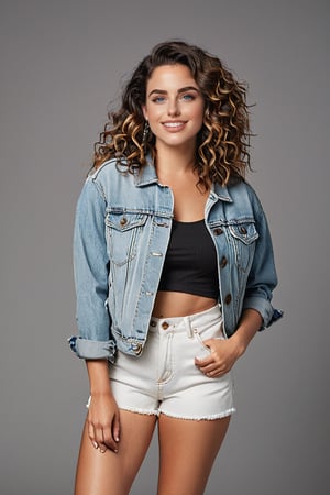 An image of a woman with voluminous wavy hair, standing confidently and smiling at the camera. She is wearing a light denim jacket with rolled sleeves, a black crop top, and high-waisted denim shorts. Her right hand rests on her hip, and her left arm is relaxed at her side. The setting is simple, with soft lighting that highlights her friendly demeanor and casual style.