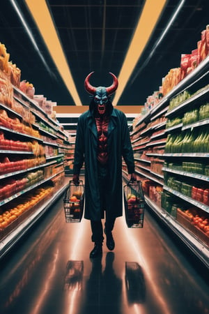  a demon doing the last shopping in the supermarket,. dark tense and unsettling atmosphere.walmart,.,, reflections, , groceries,fear,  By renowned artists such as ,, Francis Bacon, . Resolution: 4k.,,aw0k euphoric style