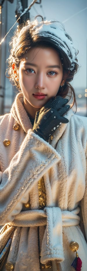 A photorealistic representative of Winter Snow queen, ice white hair, shiny blue eye, sharp look into viewer, juicy lips, Long Eyelashes, Hourglass body, thin waist, wearing black glove with shining snow logo embroidery, white snow belt with red long silk lash, (winter storm in the background:1.5), fantasy, born from snow and happiness, Best quality photo, vibrant color, detailed_background, fractal color, mesmerizing atmosphere, perfect fingers, no finger interlock,1girl锛� roujinzhi, lenkaizm art, 1 girl,  (photorealistic:1.2),  ultra-detailed,  finely detailed,  high resolution, 32k UHD, sharp-focus, (best quality:1.5), (masterpiece:1.3), beautiful and aesthetic, (HDR:0.7), high contrast, (bokeh:1.5), lens flare, GdClth,1girl, very wide angle lens shot, vivid colors, photoshot with a 25mm Nikon lens, calm and elegant, simple gradients, skin grain detail, ,yoona,m_kayoung