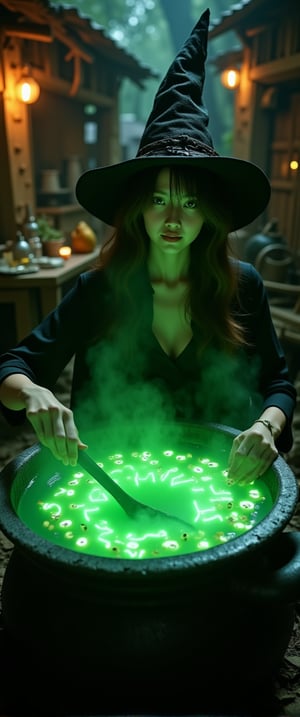  70mm lens, full-color photograph, shadows, cinematics lighting, volumetric lights, realistic lights, three quarter view, film grain, BREAK, Background: a witch's hut, dark, Top down view of a young witch, stirring in a cauldron full of a green soup-like liquid, eye-balls floating in the soup, green luminescent text in the soup that says: "CTMAKER", orange light in the back ground, looking at the viewer





.

.. Film grain and blur enhance the cinematic feel, transporting us back to a low-res 1980s movie screen.,ct-jennie,ct-vero13,ct-smeraldity,ct-bibity
t.,ct-chasartre,ct-bustyy2,ct-kbright,ct-chainb,ct-biskitity,ct-rosity,ct-smeraldity,ct-hyuntity,ct-leetity,ct-arix,ct-savaga,ct-muun,ct-vituajis,ct-identityV2,ct-dbe,ct-blondie,ct-amantity,ct-portuguitity,ct-blodolx