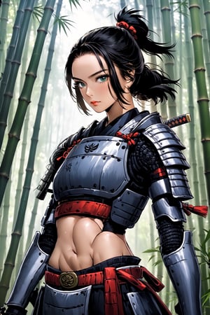 poster of a sexy woman  [samurai]  in a  [bambu forest ], midnight , eye angle view, designed by mike mingola,aw0k nsfwfactory,aw0k magnstyle,danknis,sooyaaa,Anime ,cyborg style