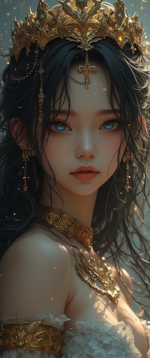 This image is a digital drawing in a highly detailed, realistic anime style. The subject is a young woman with a slender, athletic build and fair skin, likely of East Asian descent. She has long, dark hair cascading down her back and piercing blue eyes with a serious, slightly melancholic expression. She is adorned with a golden crown adorned with small, glowing stars, suggesting a regal or fantastical theme.fit girl, mid shoot