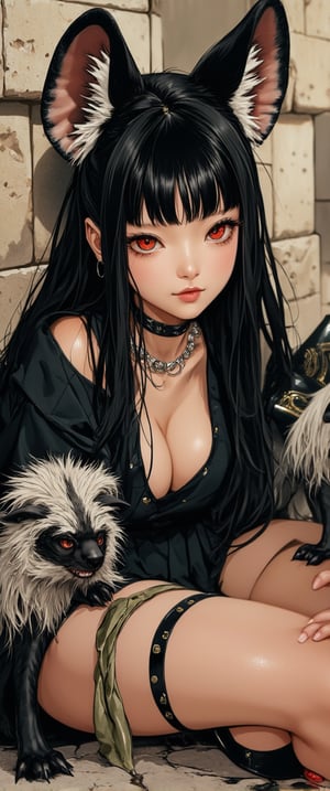 Close-up shot of a stunning 20-year-old Japanese-inspired pop art style anime girl, donning long black hair with blunt bangs and striking red eyes. She wears a pleated skirt and thigh strap, adorned with jewelry and nail polish. The girl's elf ears add a touch of whimsy as she confidently holds a sword, seated alongside two hyenas. Her gaze directly addresses the viewer, exuding a sense of realism and confidence in her unique identity., ct-skyzo_identity,ct-sensual