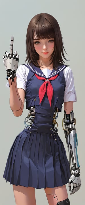 A solo girl with short, brown hair and bangs looks directly at the viewer with a subtle smile. Her brown eyes are closed, but her facial expression hints at a sense of joy. She wears a serafuku school uniform with short sleeves, showcasing her sailor collar and neckerchief adorned with a bold red color. In contrast to her human appearance, mechanical parts are visible, hinting at an android's damaged state. Her hand is raised, as if about to gesture or communicate, all set against a pure white background. (mechanical parts, mechanical joints, android, cyborg)