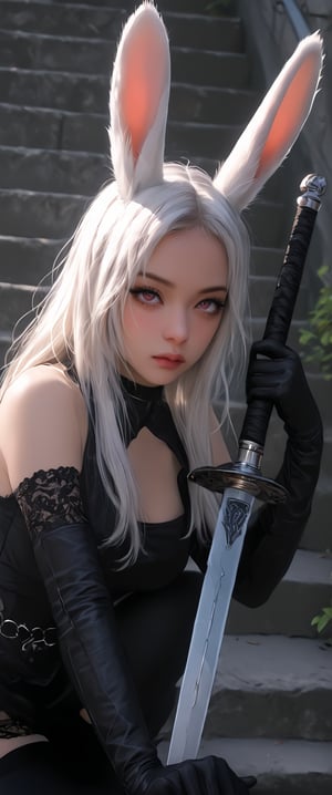 1girl, solo, long hair, breasts, looking at viewer, red eyes, thighhighs, holding, animal ears, cleavage, medium breasts, weapon, white hair, sword, holding weapon, armor, rabbit ears, glowing, stairs, viera

