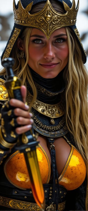 The goddess of war, Extreme Upper Body Closeup Portrait, Vibrant Amber and golden-black color graded. Her face and eyes are shaded by an oversized crown. This eerie armored Bedouin warrior witch MaleniaRot playfully holds the Blade built into Malenia's prosthetic arm up to her face, grinning mischievously. The background is snowy and shadowy, hinting at her connection to ice and frost. The glowing dark outlines define her muscular physique and ornate suit of armor, which includes a translucent amber and black chest piece with intricate designs., The 70mm lens captures every detail, framing her provocative pose within a cinematic composition that transports us to a low-res 1980s movie screen.,ct-hope,ct-coramay,ct-hope2,ct-horrority,ct-vlaoba,ct-dbe