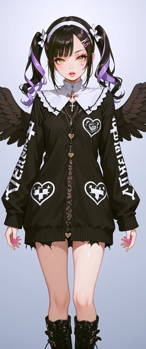 A powerful nun in a volumetric and chiaroscuro lit setting, posing confidently in vibrant Harajuku street wear. She wears a distressed pastel dress with lace, an oversized torn cardigan, and chunky Combat boots. Her pastel- streaked pigtails are adorned with bows and clips, and her makeup features glitter and heart-shaped stickers. She stands amidst a backdrop of darkness and light, her black and white wings spread wide, as she gazes directly at the viewer through her yellow eyes.,score_9
