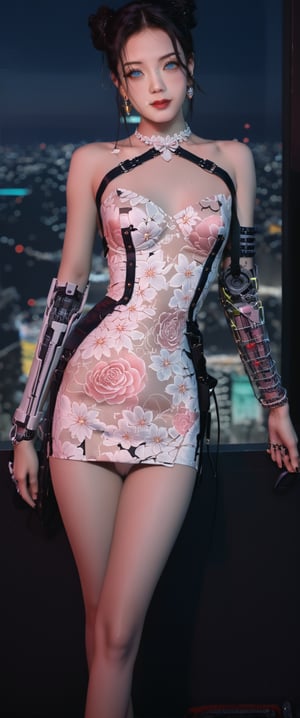 In a futuristic cityscape, a stunning Chinese girl stands solo against a fiery red backdrop, her piercing blue eyes locked onto the viewer's gaze. Her raven-black hair is styled in a double bun, adorned with delicate jewelry and a small earring. A flowing cape flows behind her, complementing her thigh-highs and form-fitting floral print dress. One mechanical arm, covered in intricate copper wiring, protrudes from her shoulder, a testament to her cyberpunk transformation. Her luscious red lips curve into a sly smile as she holds a futuristic pouch at her side, the cable connecting it to her arm visible. The overall atmosphere is one of bold, high-tech futurism., ct-goeuun,ct-virtual