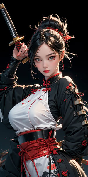 a girl ,dinamic pose ,holding a sword, in the style of cybergoth, red threads, midwest gothic, organically inspired body art, nu-goth, made of all of the above, suburban gothic ,style expressive,Samurai girl,Samurai,QIPAO,samurai