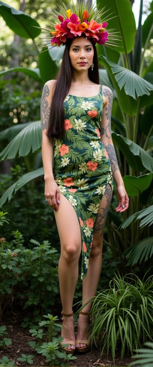 Create a portrait of a tropical princess, adorned with a crown made of exotic flowers. She stands surrounded by lush greenery and wild animals. The colors are vibrant, focusing on emerald greens and bright floral hues. Her outfit combines natural elements like leaves and fine silks, blending modern fashion with the wilderness.,ct-jennie,ct-dbe,ct-blondie,ct-amantity,ct-chasartre