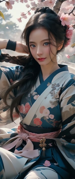 breathtaking ethereal RAW photo of female (Masterpiece, beautiful details, perfect focus, uniform 8K wallpaper, high resolution, exquisite texture in every detail, ((Simple background: 1.5)), break 1 girl, solo, blue eyes, clear deep eyes, , happy, , long hair, blush, smile, black hair, hair ornament, sitting, whole body, braid, flowers, Japanese clothes, hair Flowers, wide sleeves, kimono, tree, sash, obi, floral pattern, sandals, cherry blossoms, pink flowers, branches,,samurai katana, kimono, sitting on a tree branch, wind, falling cherry blossom petals,Anime

)), dark and moody style, perfect face, outstretched perfect hands . masterpiece, professional, award-winning, intricate details, ultra high detailed, 64k, dramatic light, volumetric light, dynamic lighting, Epic, splash art .. ), by james jean $, roby dwi antono $, ross tran $. francis bacon $, michal mraz $, adrian ghenie $, petra cortright $, gerhard richter $, takato yamamoto $, ashley wood, tense atmospheric, , , , sooyaaa,IMGFIX,Comic Book-Style,Movie Aesthetic,action shot,photo r3al,bad quality image,oil painting, cinematic moviemaker style,Japan Vibes,H effect,koh_yunjung ,koh_yunjung,kwon-nara,sooyaaa,colorful,roses_are_rosie,armor,han-hyoju-xl
,ct-niji2,ct-niji3, , , , 