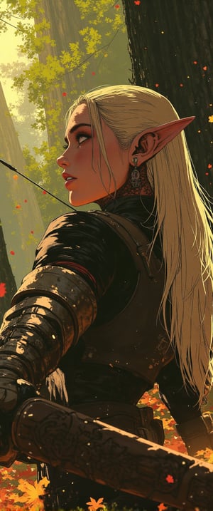 fantasy stylized illustration, elven female archer, profile view, full body shot, masterpiece, high detail, cinematic composition, dramatic lighting character details: elven woman, long blonde hair flowing in wind, pointed ears, serious and focused expression, eyes fixed on target, anime, cyberpunk, ne0nfant4sy, Anime style. pose: archer in full draw position, bow pulled back, arms taut, body angled for perfect form armor: light leather armor with leaf motifs, form-fitting for mobility, arm guards on wrists, quiver on back weapon: ornate wooden longbow, intricately carved with elven designs environment: dense forest backdrop, dappled sunlight filtering through leaves, autumn colors, falling leaves in foreground lighting: golden hour sunlight, rays piercing through trees, creating a magical atmosphere mood: tense, alert, ready for action style: highly detailed digital painting, realistic fantasy, vibrant autumn colors additional elements: leaves and particles floating in air, lens flare effects, subtle magical aura around the archer, intricate elven patterns on armor and bow composition: character positioned on left third of frame, arrow pointing towards right side, creating dynamic tension,ct-rosity,ct-chainb,ct-animefilm,ct-kds,ct-vero13,ct-euntity,ct-jennie,ct-dbe