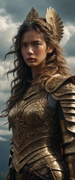 A powerful warrior queen standing confidently against a dramatic cloudy sky. She is adorned in elaborate, golden armor with intricate designs, including a prominent chestplate and a flowing cape. Her hair is long and wavy, flowing freely in the wind. She wears an ornate, golden helmet with wings and holds a large, decorated spear in one hand while pointing forward with the other. The background is filled with dark, swirling clouds, creating a sense of epic grandeur and intensity. The lighting highlights the metallic sheen of her armor and the fierce determination in her eyes., ,1 girl, ct-fujiii