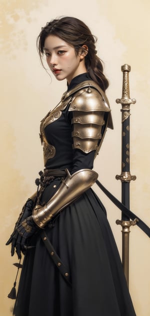1girl, yellow_hair, red_eyes, yellow theme, monochrome, standing, dress armor, simple_background, yellow_background, looking away, holding sword, full body, closed mouth, from below,
