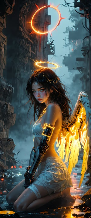  1girl, solo, long hair, kneeling,fallen angel, semi nude, wings, fog , mist, water, halo, angel wings, circle neon light, angel, yellow theme, yellow neon light, chest bandage, ,neon text "HELL"", mechanical parts, mechanical joints,ct-virtual