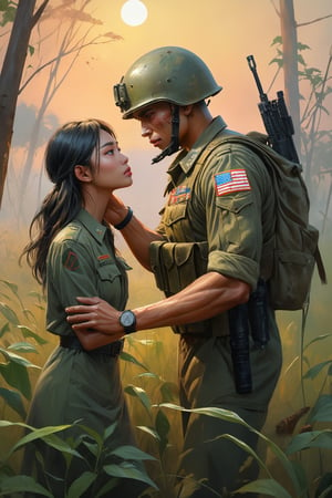 Highly detailed, High Quality, Masterpiece, An illustration, bestquality, best aesthetic, digital painting, ((oil painting)), (close-up upper body:1.5), [: a vietnan war concept art, american rude soldier  bringing his hand closer to the face in a loving gesture to a Vietnamese girl,in an abandoned leafy field with war fog], sunset, raw love scenne, greg rutkowski