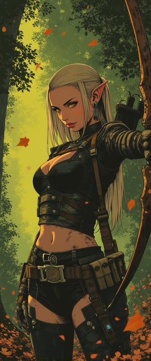 fantasy stylized illustration, elven female archer, profile view, full body shot, masterpiece, high detail, cinematic composition, dramatic lighting character details: elven woman, long blonde hair flowing in wind, pointed ears, serious and focused expression, eyes fixed on target, anime, cyberpunk, ne0nfant4sy, Anime style. pose: archer in full draw position, bow pulled back, arms taut, body angled for perfect form armor: light leather armor with leaf motifs, form-fitting for mobility, arm guards on wrists, quiver on back weapon: ornate wooden longbow, intricately carved with elven designs environment: dense forest backdrop, dappled sunlight filtering through leaves, autumn colors, falling leaves in foreground lighting: golden hour sunlight, rays piercing through trees, creating a magical atmosphere mood: tense, alert, ready for action style: highly detailed digital painting, realistic fantasy, vibrant autumn colors additional elements: leaves and particles floating in air, lens flare effects, subtle magical aura around the archer, intricate elven patterns on armor and bow composition: character positioned on left third of frame, arrow pointing towards right side, creating dynamic tension,ct-rosity,ct-chainb,ct-animefilm,ct-kds,ct-vero13