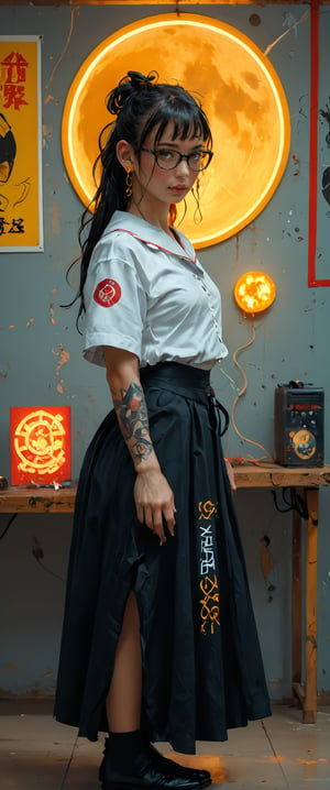 A solo android, dressed in a striking white serafuku, sits confidently on a sofa amidst a vibrant yellow neon advertisement reading CTMAKER. Her long black hair flows down her back like a dark waterfall, framing her face with bangs. A katana's sheath is held by her mechanical arm, adorned with a tattoo. The rest of her body is clad in a black school uniform skirt with sailor collar, complete with earrings and glasses. Dark piercing eyes seem to bore into the viewer from a side view, as neon ads and reflections dance across the grey background, casting an otherworldly glow on this cyberpunk vision.