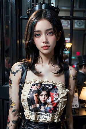   dark-gothic-victorian-Dickens style beautiful asian girl( jisoo)(shaved side  black hair cut,,,kawacy art style , detallado, raw, absurdes, , mucha,chiarosaurio,aesthetic, mugshot, model pose, ,burlesque,dark-gothic-victorian-Dickens style ,yellow top-hat,suspenders, tank top otside,night,sensual, shy ,aesthetic ,light orange), , , very realistic, photography fujifilm X-t3, photo grain, close up, ,shadows of the devil vintage, edgy, punk rock vibe, dirty, noisy . Textured, distressed, vintage, edgy, punk rock vibe, dirty, noisy,EnvyBeautyMix23,valkyrie style