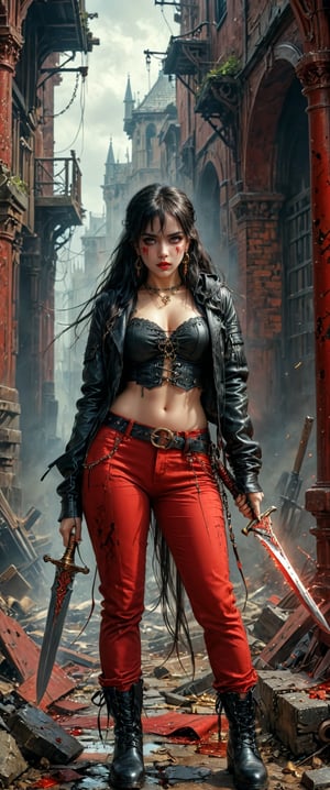  (((by John Collier, John William Waterhouse, pinup style, silver, gold), perfect anatomy, , , 1girl, solo, long hair, breasts, looking at viewer, bangs, black hair, red eyes, long sleeves, navel, holding, jewelry, very long hair, jacket, full body, weapon, earrings, boots, outdoors, open clothes, choker, midriff, belt, pants, hood, blunt bangs, nail polish, holding weapon, collar, open jacket, lips, blood, makeup, chain, facial mark, squatting, ring, knife, building, red footwear, black nails, hooded jacket, red jacket, cross-laced footwear, hood up, hoop earrings, lace-up boots, red lips, holding knife, red pants), dark and moody style, perfect face, outstretched perfect hands. masterpiece, professional, award-winning, intricate details, ultra high detailed, 64k, dramatic light, volumetric light, dynamic lighting, Epic, splash art .. )