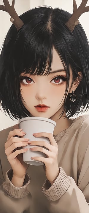 score_9, score_8_up, score_7_up,Masterpiece, highest quality,score_9, score_8_up, score_7_up,1girl, solo, looking at viewer, short hair, bangs, black hair, red eyes, long sleeves, holding, animal ears, jewelry, closed mouth, upper body, earrings, horns, pointy ears, indoors, hand up, sweater, cup, lips, holding cup, realistic, nose, white sweater, antlers
,DonMG30T00nXL,ct-virtual, ct-fujiii