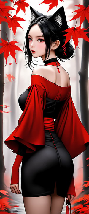 Tekeli, black fox ears, animal ear fluff, black fox tail, black hair, red inner hair, hair ornament, magatama necklace, fur trim, black short kimono, exquisite design, cat_collar, off-shoulder, cleavage, wide sleeves, long sleeves, obi, miniskirt, perfect busty model body, a 17-years-old ethereal and glamorously beautiful girl, walking in a forest, autumn, red maple leaves, pencil sketch, perfect detail, intricate detail, masterpiece, best quality, beauty & aesthetic, charcoal \(medium\)
