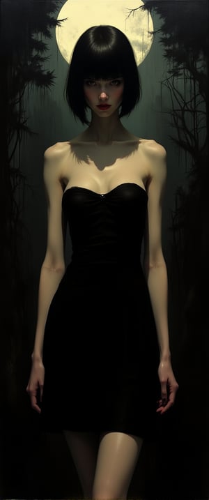 "A mysterious woman with short black hair, fair skin, and striking red lips stands in a dark forest, her gaze locked with the viewer. She wears a simple black dress, and the moonlight filters through the trees, casting dappled shadows across her face and body. Her expression is calm, with her head slightly lowered, and the light subtly illuminates her upper body. The scene is atmospheric, with the dark forest setting creating a sense of intrigue and mystery. The play of light and shadow adds depth, while the moon's glow enhances the ethereal quality of the environment, blending perfectly with the figure's poised presence.".