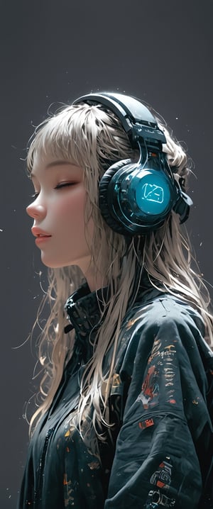 1girl, solo, long hair, bangs, blonde hair, simple background, closed eyes, upper body, white hair, parted lips, blunt bangs, grey background, from side, lips, profile, headphones, cablereal,realistic,real_life,chiarosaurio,dal-27,dal-1,ct-virtual, m3,txznmec