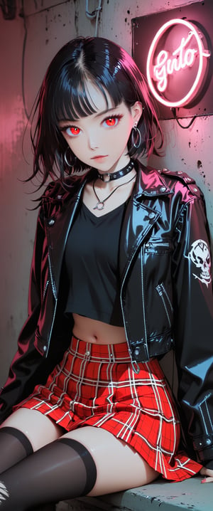 1girl, solo, looking at viewer, short hair, bangs, skirt, shirt, black hair, red eyes, thighhighs, long sleeves, navel, jewelry, sitting, closed mouth, jacket, pleated skirt, earrings, open clothes, choker, midriff, black thighhighs, miniskirt, blunt bangs, necklace, open jacket, black jacket, crop top, head tilt, torn clothes, plaid, black shirt, tattoo, glowing, plaid skirt, piercing, single thighhigh, ear piercing, glowing eyes, spikes, , leather, torn thighhighs, leather jacket, neon lights,score_9, ct-goeuun,masterpiece,ct-virtual, ct-fujiii