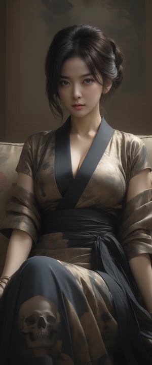 breathtaking  RAW photo of female ((1girl, japanesse concubine, japanesse geisha,bangs, darr hair, shogun,,woman sitting on a cozy couch, crossing legs, soft light, seductive smirk, r, by dave mckean, high detailed, 8k,. in the style of ctmaker ,sagging breasts,Masterpiece
r,masterpiece, high quality, best quality, highres

 )), dark and moody style, perfect face, outstretched perfect hands . masterpiece, professional, award-winning, intricate details, ultra high detailed, 64k, dramatic light, volumetric light, dynamic lighting, Epic, splash art .. ), by james jean $, roby dwi antono $, ross tran $. francis bacon $, michal mraz $, adrian ghenie $, petra cortright $, gerhard richter $, takato yamamoto $, ashley wood, tense atmospheric, , , , sooyaaa,IMGFIX,Comic Book-Style,Movie Aesthetic,action shot,photo r3al,bad quality image,oil painting, cinematic moviemaker style,Japan Vibes,H effect,koh_yunjung ,koh_yunjung,kwon-nara,sooyaaa,colorful,bones,skulls,armor,han-hyoju-xl
,DonMn1ghtm4reXL, ct-fujiii