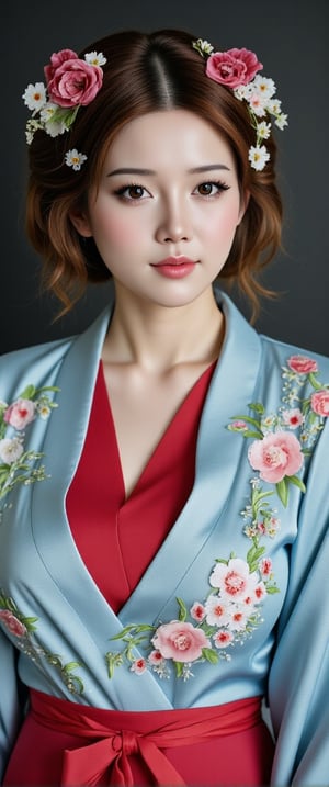 a woman dressed in a traditional Japanese kimono, adorned with a blue robe and a red dress. Her hair is styled in a wavy bob, and she is adorned with two flowers in her hair, adding a touch of beauty to the scene. The backdrop is blurred, creating a stark contrast to the woman's outfit..,ct-vituajis,ct-arix,detailerlora