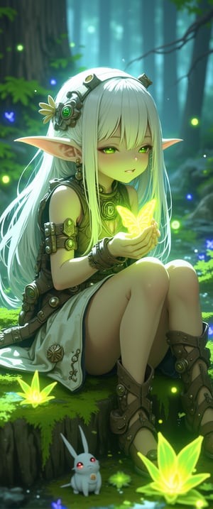 A mystical female goblin sits serenely on a moss-covered rock amidst a whimsical forest, blending earthy elegance with her unique charm. Her radiant white hair cascades down her back as she gently cradles a glowing butterfly in delicate fingers. The soft leather and cloth tunic adorns her with bone jewelry and natural accents, while her pale green skin glows softly. Luminescent plants, fireflies, and magical creatures surround her, bathed in the high-contrast light of the forest, creating an ultra-detailed, dreamlike atmosphere.,ct-katakrat,ct-physmstyle2