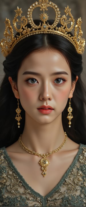 This image is a digital drawing in a highly detailed, realistic anime style. The subject is a young woman with a slender, athletic build and fair skin, likely of East Asian descent. She has long, dark hair cascading down her back and piercing blue eyes with a serious, slightly melancholic expression. She is adorned with a golden crown adorned with small, glowing stars, suggesting a regal or fantastical theme.