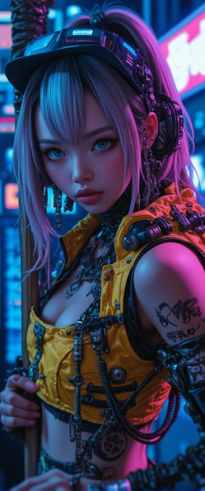 Here's a high-quality, coherent SD prompt based on the input: A close-up shot of a automata woman ' in her a cyberpunkpunk attire,mechanical joints, mechanical parts, wires,joints captured in ultra-high definition. She stands confidently, baseball bat held aloft, with vibrant hair styled in alternating blue, pink, and yellow hues. Her face is a masterpiece of dark makeup, featuring heavy eyeliner, red lipstick, . Sharp focus on her intense eyes, with a deep depth of field , . The background is a dark urban landscape with a blue-purple hue, contrasting strikingly with her colorful outfit. High-contrast lighting creates a cinematic atmosphere, with atmospheric shadows adding to the moody tone. Professional photography and 32K UHD resolution deliver photorealistic details, vivid colors, and high dynamic range. A truly impactful and visually stunning image, perfect for an action-packed movie poster.,ct-euntity