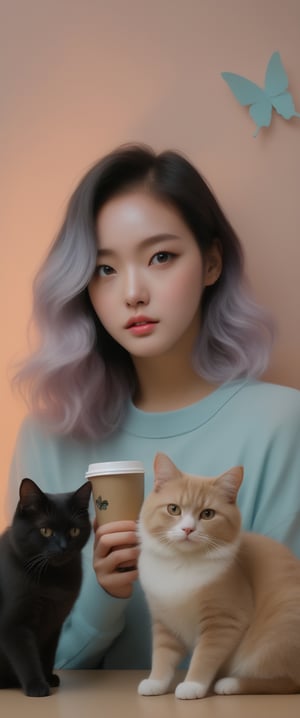 Realist portrait of a deception of ( breathtaking ethereal RAW photo of female ((extremely realistic photo)), (professional photo), (Best quality, 8k, 32k, Masterpiece, HD: 1.2),1 girl, most beautiful korean girl, Korean beauty model, stunningly beautiful girl, gorgeous girl, , ,floralpunk woman and two cats in front of coffee, light pastel ombre hair, artsy folk art background, butterflies, photo realistic anime style, airbrushed

,ct-jeniiii, ct-eujiiin, ct-goeuun, ct-fujiii