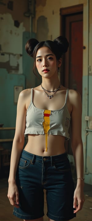 Close-up shot of a brunette woman with pale skin and athletic build, standing amidst a gritty, rundown room. Her punk-inspired outfit features a torn white crop top with the spain flag design, revealing her midriff. The pigtails are styled high on either side of her head, framing her determined expression. Harsh lighting casts deep shadows, accentuating the worn walls and decaying furniture in the background.