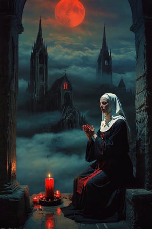 A dying depiction of a menacing cult nun in a dark, atmospheric setting, at the cult altar  bathed in moonlight, waiting to collect tormented souls, with blood dripping from their hands. chiarosaur, element of terror. Dark and moody, with hints of red to emphasize the presence of blood. By renowned artists such as H.R. Giger, Zdzisław Beksiński, and Brom. Resolution: 4k.,,aw0k euphoric style,detailmaster2,DonMn1ghtm4reXL,sooyaaa