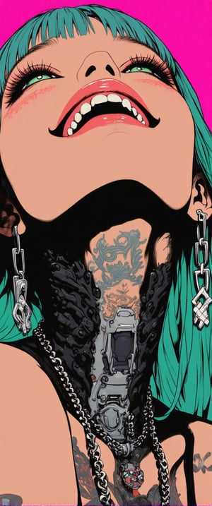 A futuristic young woman with an edgy, cyberpunk vibe gazes upward with a wide smile. Her face is adorned with a blend of human and robotic elements — her mouth revealing metallic teeth and mechanical components along her jawline and neck. Piercings and silver chains add to her alternative style, and large cross-shaped earrings dangle from her ears. Her tattooed neck merges into a metallic, cyborg-like structure, while her bright teal hair contrasts with the neon-pink background.
.,ct-colority