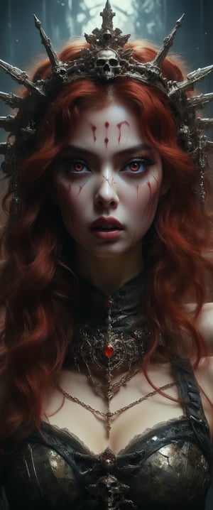 breathtaking ethereal RAW photo of female, (((by John Collier, John William Waterhouse, pinup style, silver, gold), perfect anatomy,The Queen of the Damned sits regally on her throne of black iron and red gems, her presence commanding and formidable. Her legs are crossed elegantly, exuding both power and grace. She wears a magnificent crown that sparkles atop her head, complementing her long, bright red hair that cascades over her shoulders like a fiery waterfall. Her dark makeup accentuates her piercing red eyes, making them glow with an intense, otherworldly light. ,DonMH4ny4XL,
 )), dark and moody style, perfect face, outstretched perfect hands. masterpiece, professional, award-winning, intricate details, ultra high detailed, 64k, dramatic light, volumetric light, dynamic lighting, Epic, splash art .. ), by james jean $, roby dwi antono $, ross tran $. francis bacon $, michal mraz $, adrian ghenie $, petra cortright $, gerhard richter $, takato yamamoto $, ashley wood, tense atmospheric, , , , sooyaaa,IMGFIX,Comic Book-Style,Movie Aesthetic,action shot,photo r3al ,bad quality image,oil painting, cinematic moviemaker style,Japan Vibes,H effect,koh_yunjung ,koh_yunjung,kwon-nara,sooyaaa,colorful,bones,skulls,armor,han-hyoju-xl
,DonMn1ghtm4reXL, ct-fujiii,ct-jeniiii, ct-goeuun,mad-cyberspace,FuturEvoLab-mecha,cinematic_grain_of_film,a frame of an animated film of,score_9,3D,style akirafilm,Wellington22A,Mina Tepes,lucia:_plume_(sinful_oath )_(punishing:_g,VAMPL, FANG-L ,kizuki_rei, ct-eujiiin,Jujutsu Kaisen Season 2 Anime Style,ChaHaeInSL,Mavelle,Uguisu Anko,Zenko,concept art