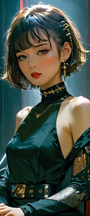 In a dimly lit, smoky cyberpunk club, a femme fatale cyborg sits solo, her mechanical joints gleaming in the flickering light. Her striking features, framed by short hair and bangs, are adorned with jewelry and a black choker. A cigarette dangles from her lips as she pets a snake that gazes directly at the viewer. She wears a revealing seethrough kimono, paired with Japanese-style earrings, and holds a katana surrounded by the dark, gritty atmosphere. Her gaze is sultry, exuding an air of sexy sophistication, as if inviting the viewer to enter her world. The scene is set in a Conrad Roset-inspired style, with a focus on dark, muted tones and industrial textures.,core_9,scary