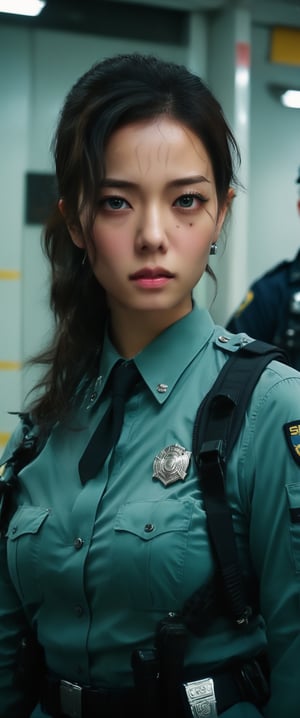 1 young and beautiful girl:1.2)), absurdres, (8k, best quality, masterpiece:1.2), professional photography, dramatic light, (finely detailed face:1.2),(((,, female,official, portrait, modern station police fighter, top quality, highly detailed, intricate, realistic, indoors, Bold Turquoise Silver Green Chartreuse, solarpunk, Crew Cut, Bruneian, masterpiece, Finest details, 8K, HD, HDR, Death Squad, , cowboy shot, perfect face, gorgeous eyes,sooyaaa