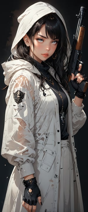 1girl, solo, long hair, looking at viewer, bangs, simple background, black hair, gloves, holding, jewelry, jacket, weapon, earrings, hood, fingerless gloves, holding weapon, see-through, gun, grey eyes, piercing, white jacket, ear piercing, holding gun, black nails, rifle,dal-27,dal-1