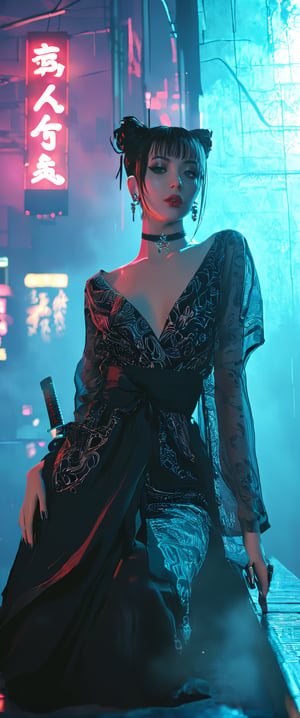 Prompt: In a dimly lit, smoky cyberpunk club, a femme fatale cyborg sits solo, her mechanical joints gleaming in the flickering light. Her striking features, framed by short hair and bangs, are adorned with jewelry and a black choker. she pets a snake that gazes directly at the viewer. She wears a revealing seethrough kimono, paired with Japanese-style earrings, and holds a katana surrounded by the dark, gritty atmosphere. Her gaze is sultry, exuding an air of sexy sophistication, as if inviting the viewer to enter her world. The scene is set in a Conrad Roset-inspired style, with a focus on dark, muted tones and industrial textures.,core_9,scary, (masterpiece:1.2),ct-virtual,dcas_lora
